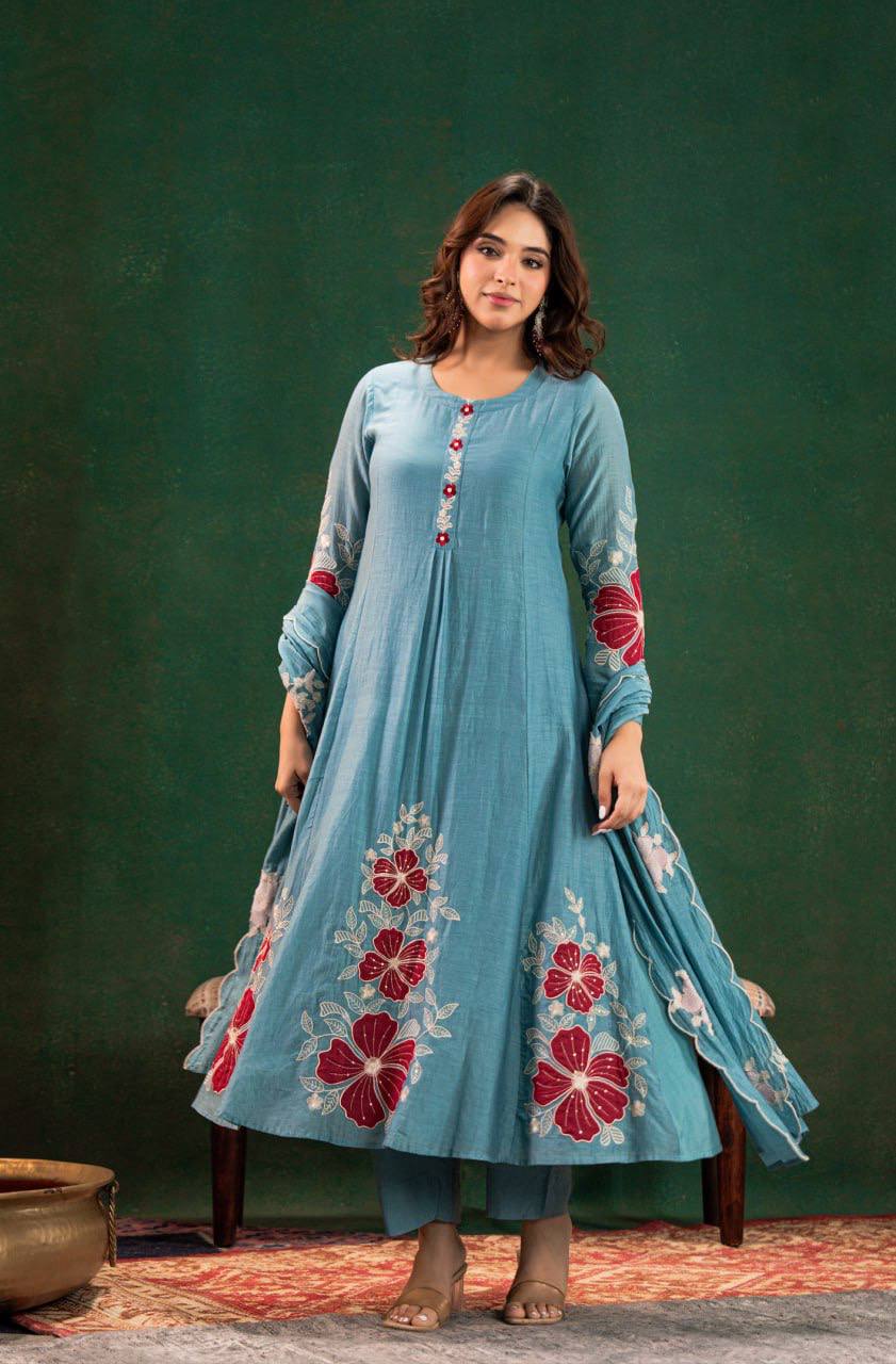 Sky Blue Kurti Set with Pant & Dupatta