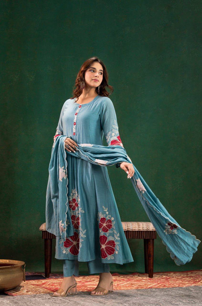 Sky Blue Kurti Set with Pant & Dupatta