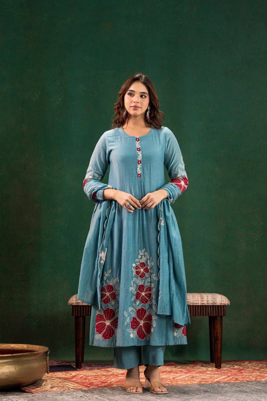 Sky Blue Kurti Set with Pant & Dupatta