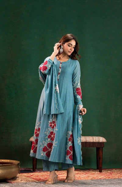 Sky Blue Kurti Set with Pant & Dupatta