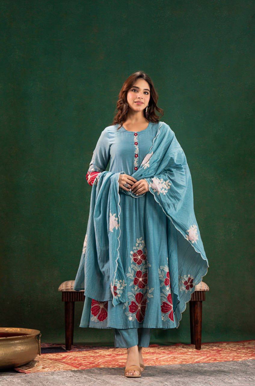 Sky Blue Kurti Set with Pant & Dupatta