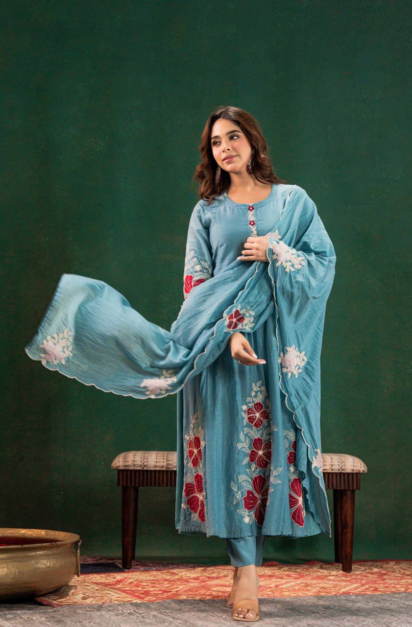 Sky Blue Kurti Set with Pant & Dupatta
